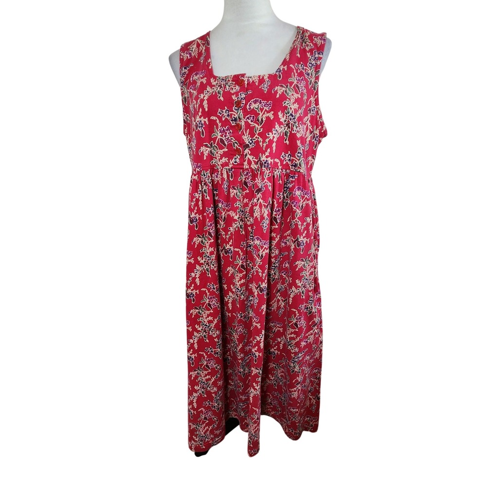Vermont Country Store Womens L Red Floral Cotton Sleeveless Maxi Jumper Dress
